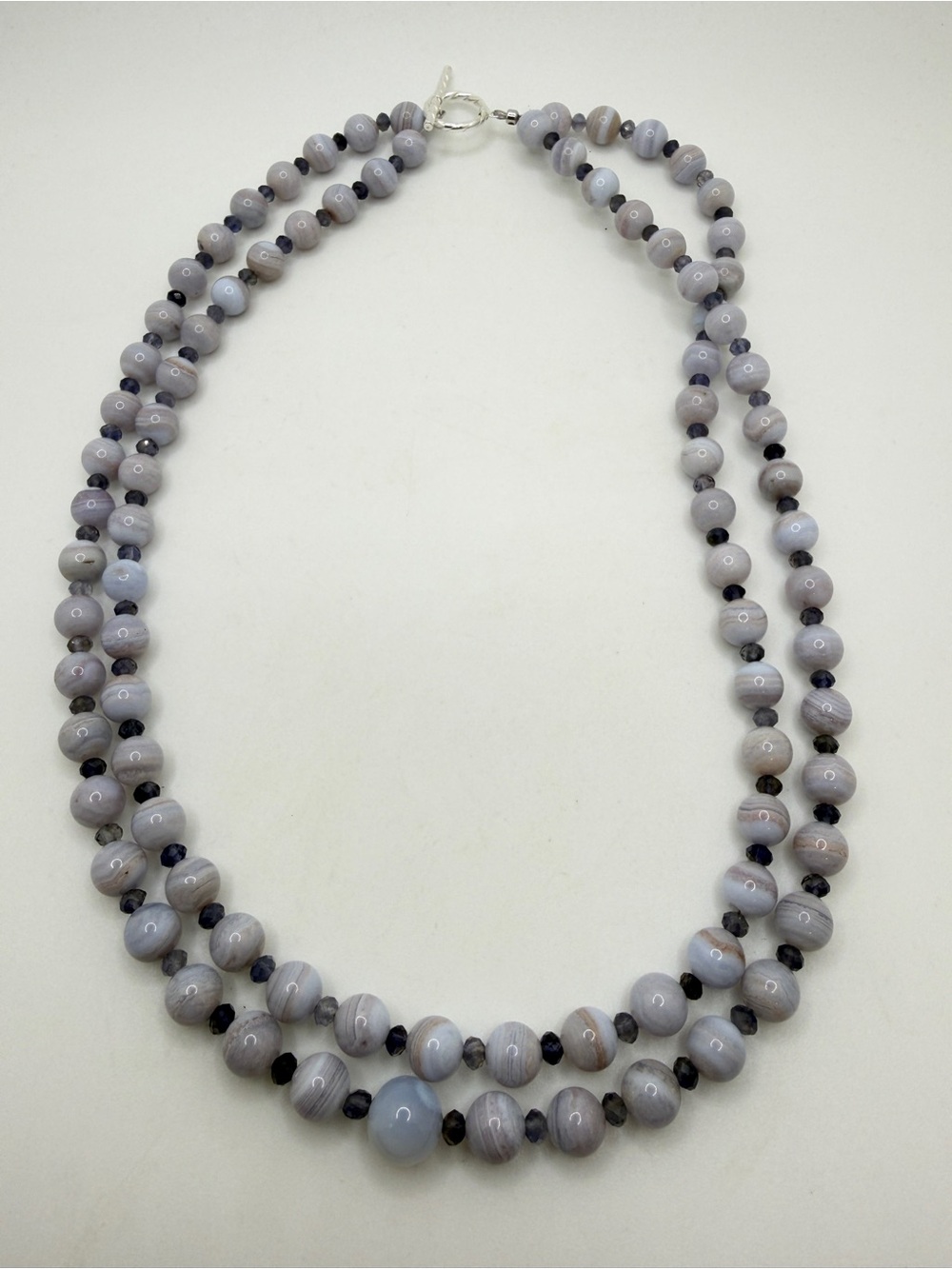 19" NWOT Two Stranded BLUE LACE AGATE and iolite necklace w/ 925 toggle‎ clasp
